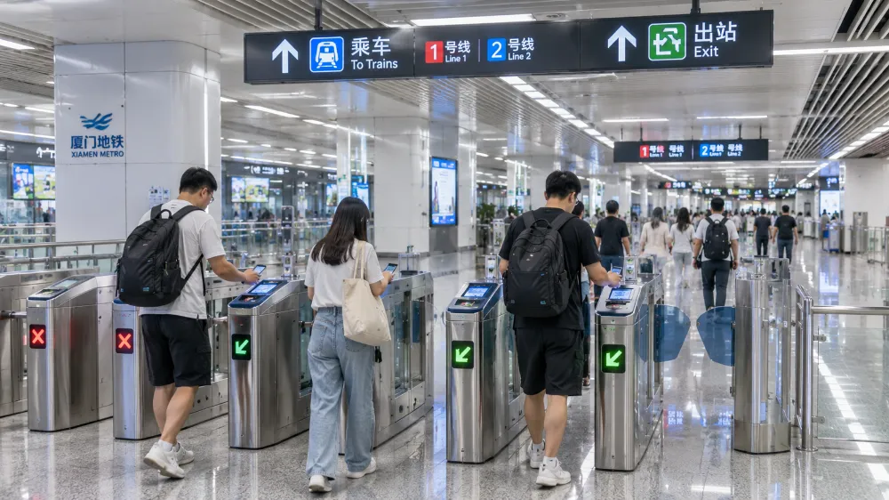 廈門地鐵站的閘機前，旅客拿出手機掃碼通行，地面標示著前往不同方向的箭頭與路線圖
)